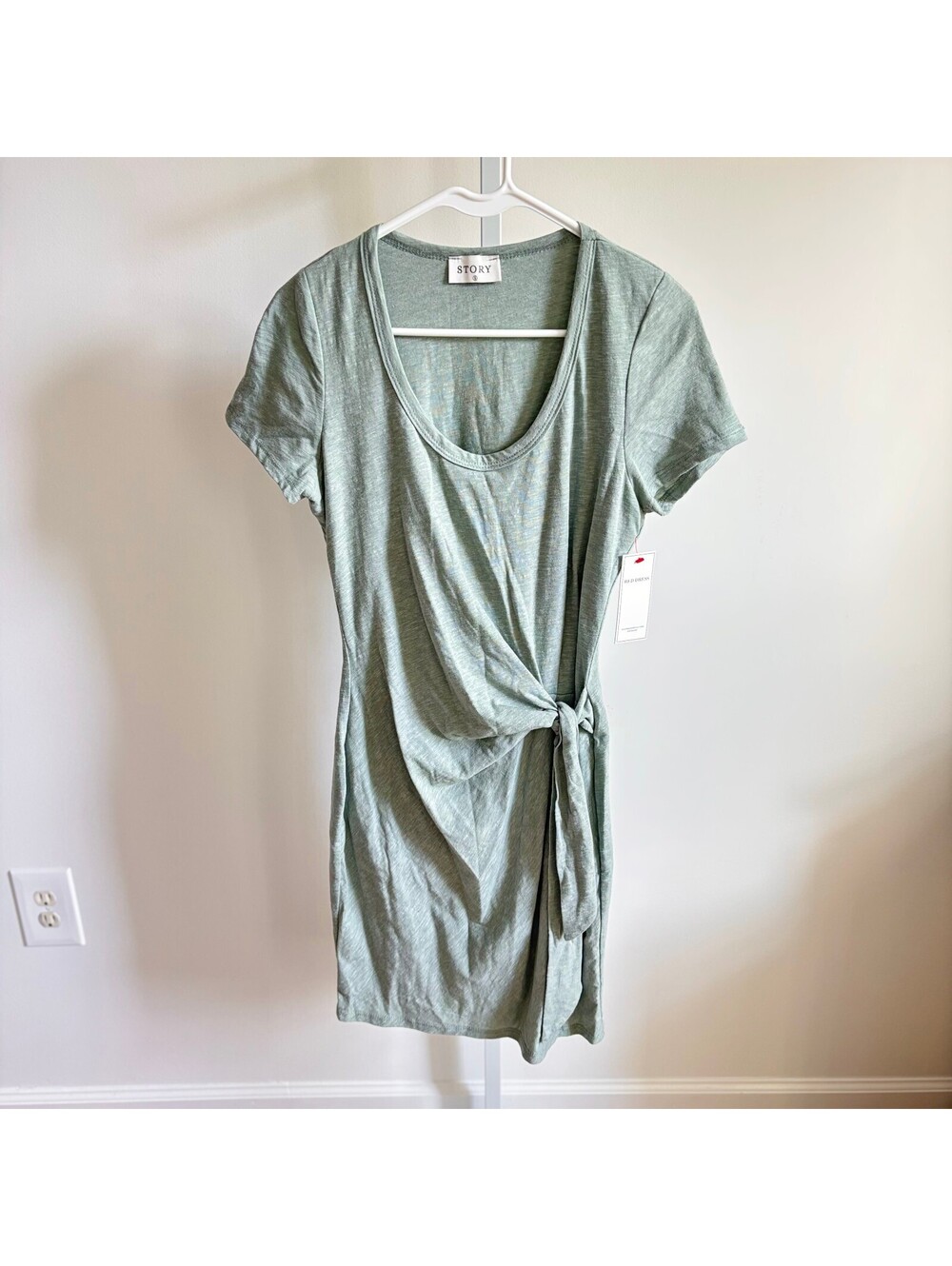 Story NWT Women's Sage Green 100% Cotton Mini Dress Side Knot Tie Size S